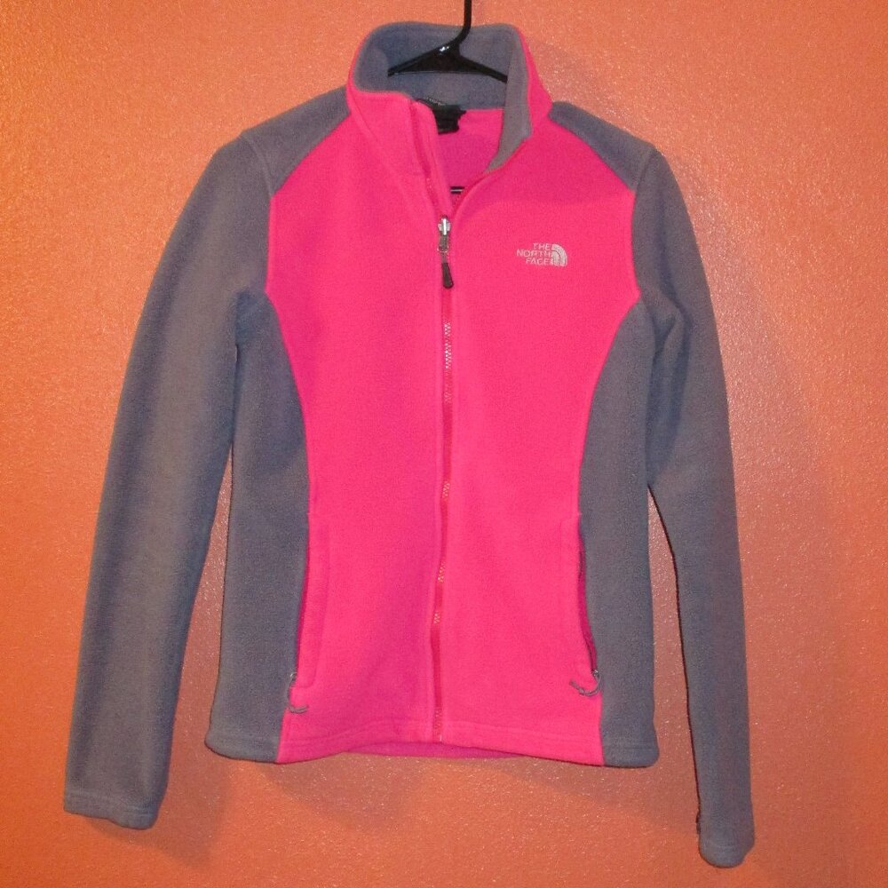North Face Jacket Woman Small Petite Gray Pink Full Zip Pockets Fleece Jacket